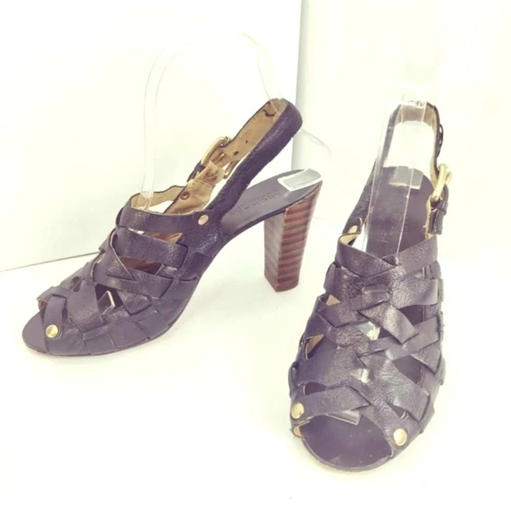 Michael Kors Strappy Slingback Peep Toe Heels Black Leather Sz 6.5
